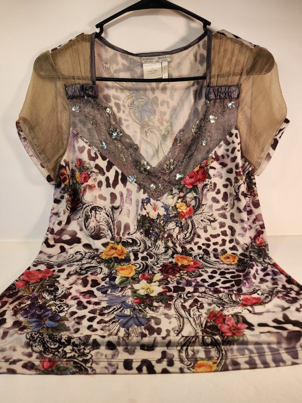 Alberto Makali Floral Leopard Print Mesh Sleeve Blouse in Multicolor